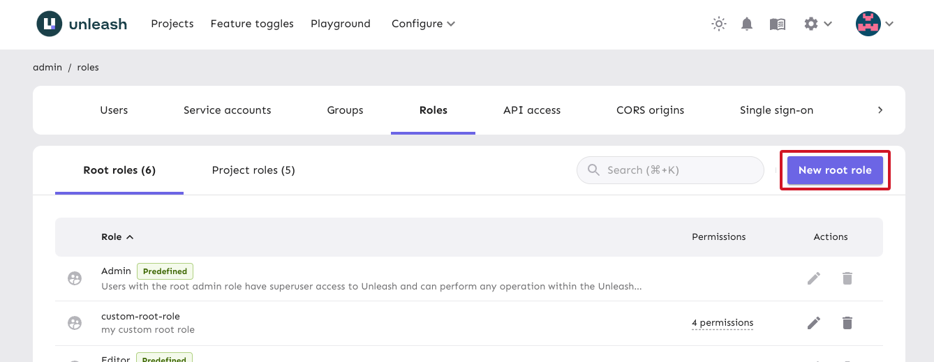 The &quot;root roles&quot; table with the &quot;new root role&quot; button highlighted.